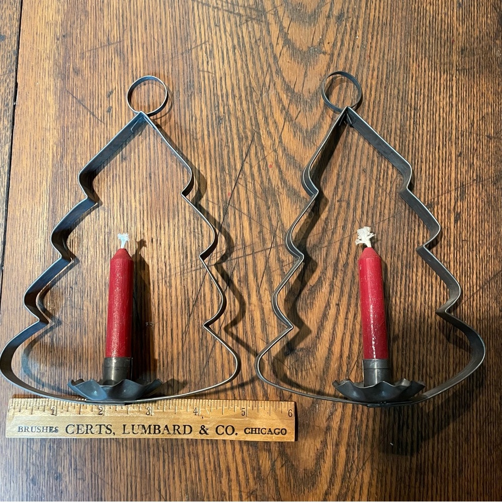 Christmas Tree Primitive Vintage Tin Window Candle Holders Wood Candle Set of 2